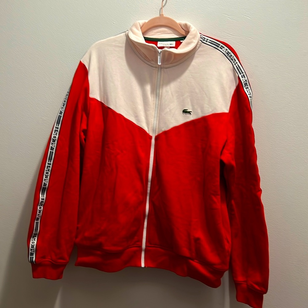 New without tag Lacoste man zip up jacket red,black and white.